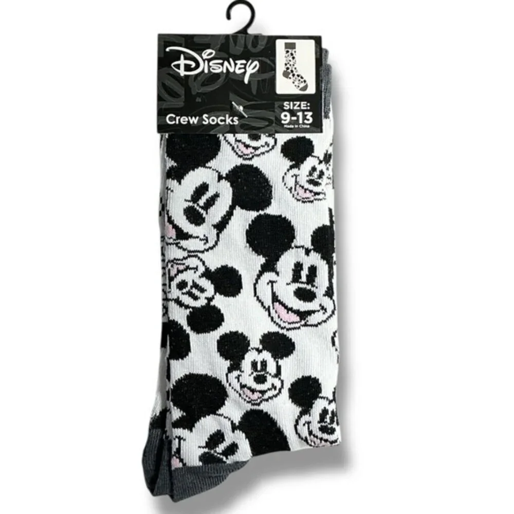 Disney Mickey Mouse Crew Socks Mens Fun Novelty Black White Unisex One Size 9-13